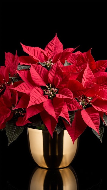 Photo poinsettia flowers in gold pot on black background