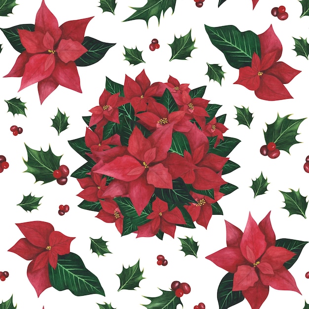 Poinsettia holly Christmas seamless pattern isolated on white background Watercolor hand drawn illustration for design