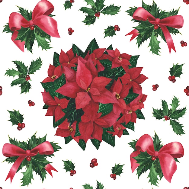 Poinsettia holly red bow Christmas seamless pattern isolated on white Watercolor hand drawn illustration decoration