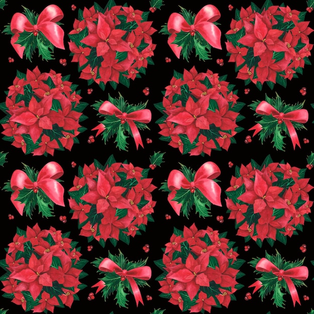 Poinsettia holly ribbon bow Christmas seamless pattern isolated on black Watercolor hand drawn illustration decoration