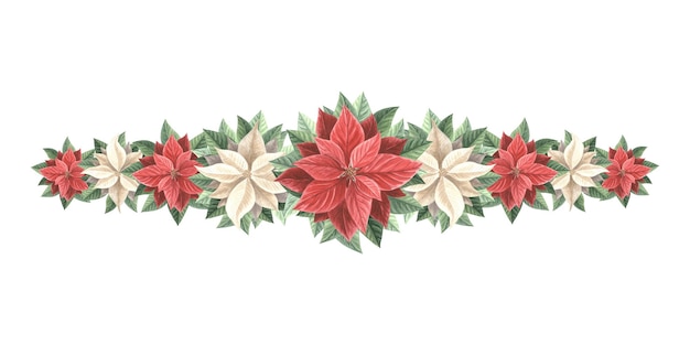 Poinsettia red and white flowers garland christmas star winter plants frame in vintage