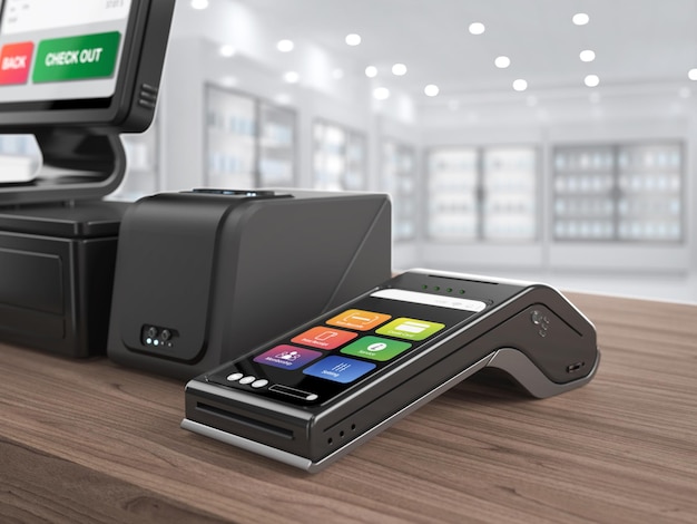 Point of sale system or cash register machine focus on credit card reader