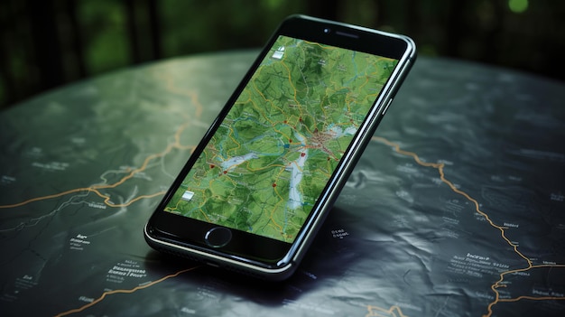 Point on smartphone with gps navigator icon and map