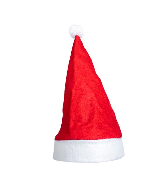 Pointed Santa Claus hat with pompom isolated on white background