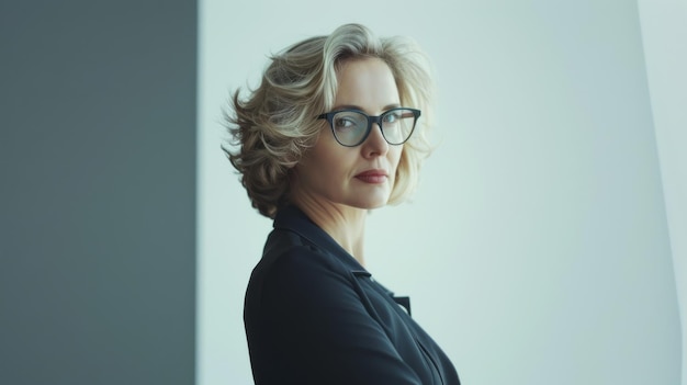 Photo a poised woman with glasses and short blonde hair stands confidently against a minimalist background conveying wisdom and authority