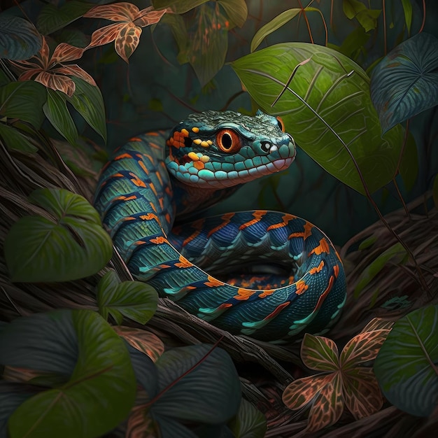 A poisonous green snake in the jungle image generative AI