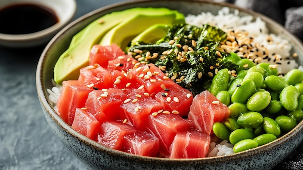 Photo a poke bowl featuring fresh tuna cubes avocado slices edamame seaweed salad