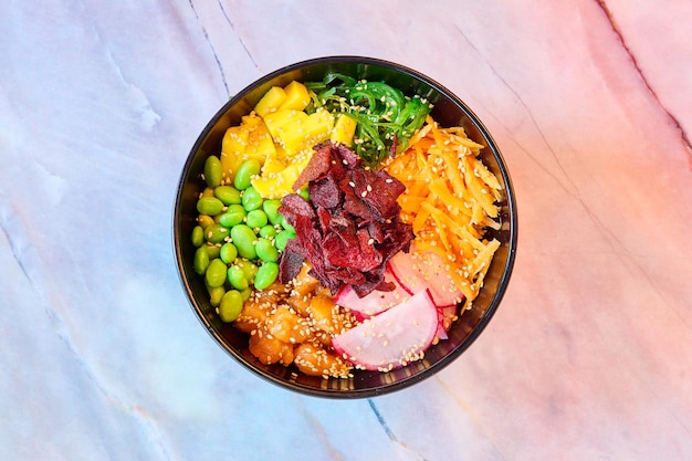 poke bowl on a marble surface