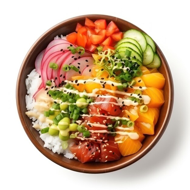 Poke bowl Raw fish over rice topped with veggies and sauce isolated