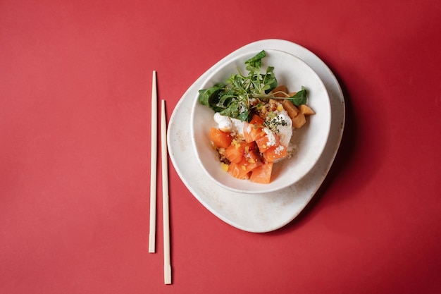 Poke bowl salad with fish salmon and vegetables