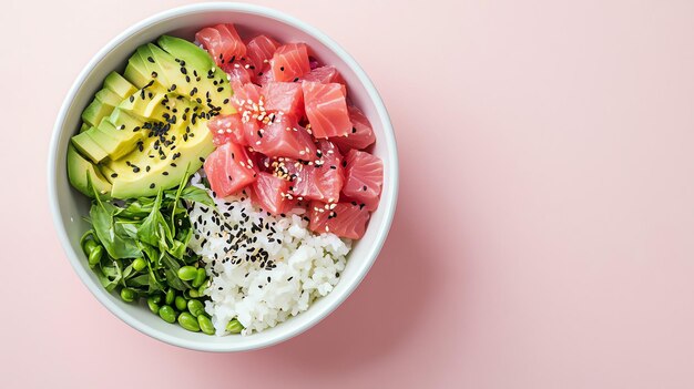 Photo poke bowl with fresh tuna and avocado tropical vibe 3d illustration