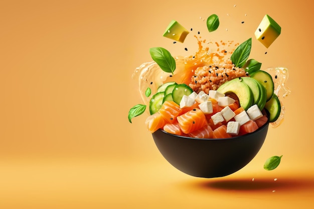 Poke Bowl with Quinoa fresh Salmon Avocado Feta spinach and Sesame Seeds Light orange background