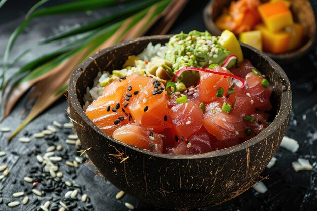 Photo poke bowl with raw salmon fish chuka salad and rice in coconut bowls on black background banner