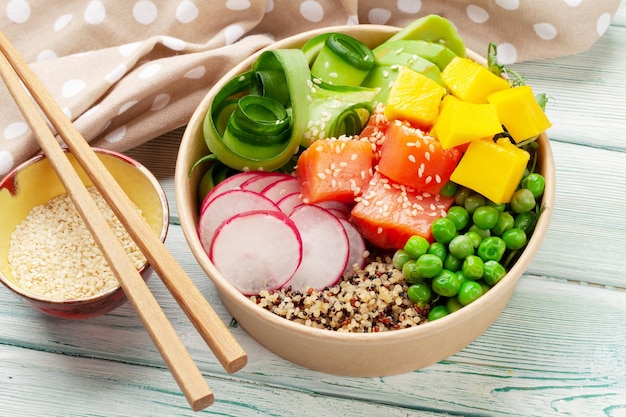 Poke bowl with salmon cucumber and mango