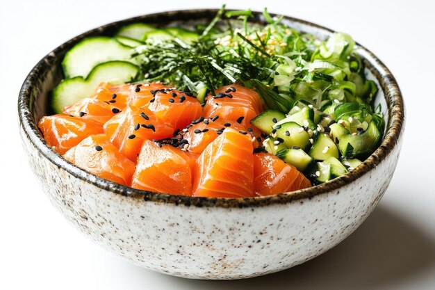 Photo poke bowl with salmon islated on white background