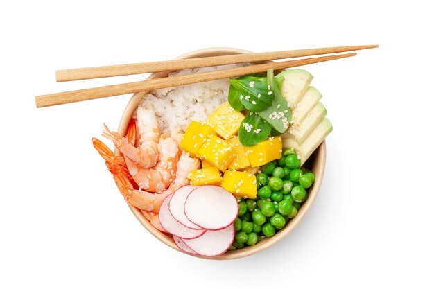 Poke bowl with shrimps avocado and mango