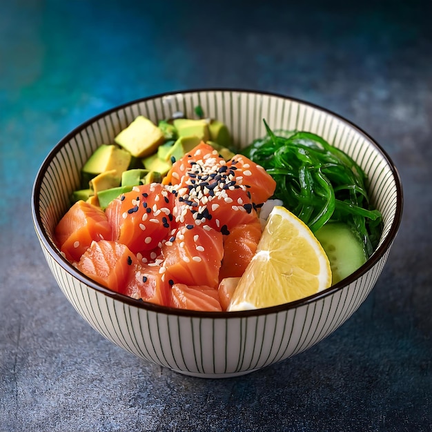 Photo poke foods united statesa bowl of food with salmon and vegetables on it