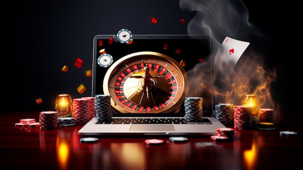 Poker casino online casino concept with laptop roulette and chips Generative AI