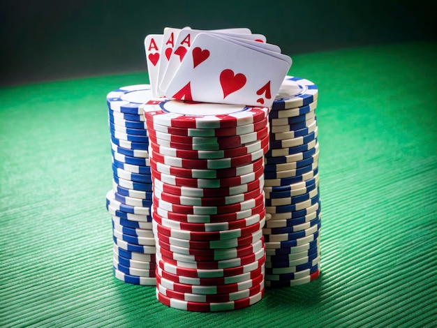 poker chips on a green table with a green table cloth