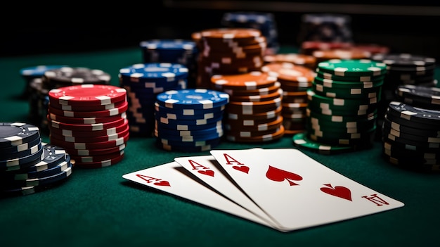 Poker chips and a pair of aces on a green table