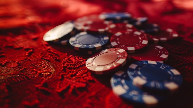 Poker chips in red white and blue scattered on an intricately patterned red cloth evoke the intense ambiance of a highstakes game