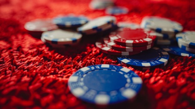 Poker chips scattered across a plush red surface symbolize the excitement and chance associated with gambling