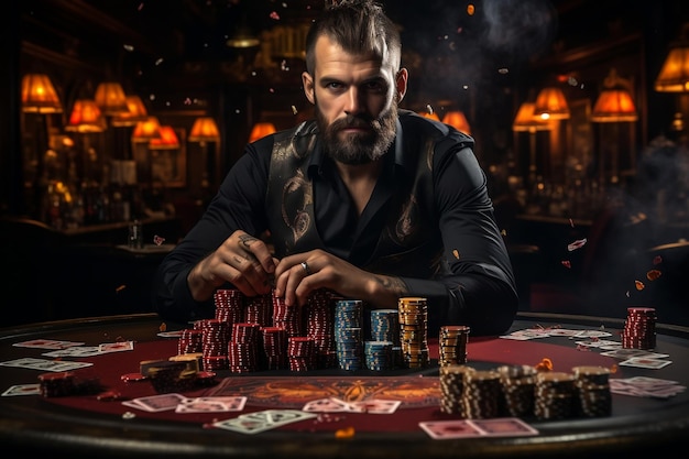 Poker Player with Cards and Chips at Casino Table