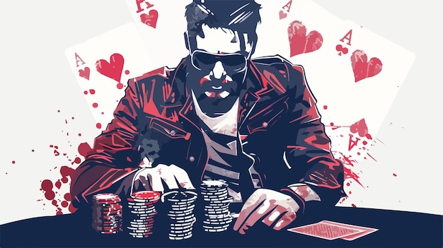 Photo poker player with chips and cards handdrawn vector illustration