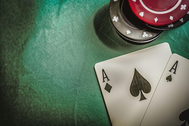 a poker table with a glass of wine and a ace of aces