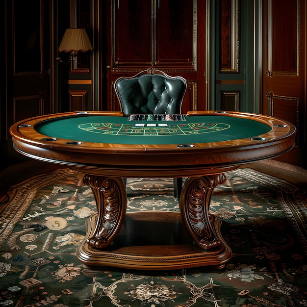 a poker table with a green card on top of it