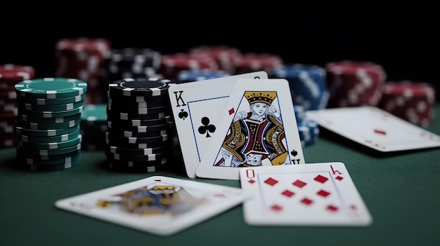 A poker table with a king of spades and a pile of poker chips