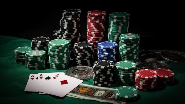 A poker table with a stack of poker chips and a stack of poker chips.