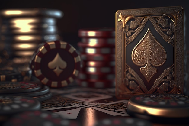 A poker table with stacks of poker chips and a card game.