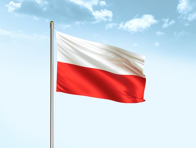 Poland national flag waving in blue sky with clouds Poland flag 3D illustration