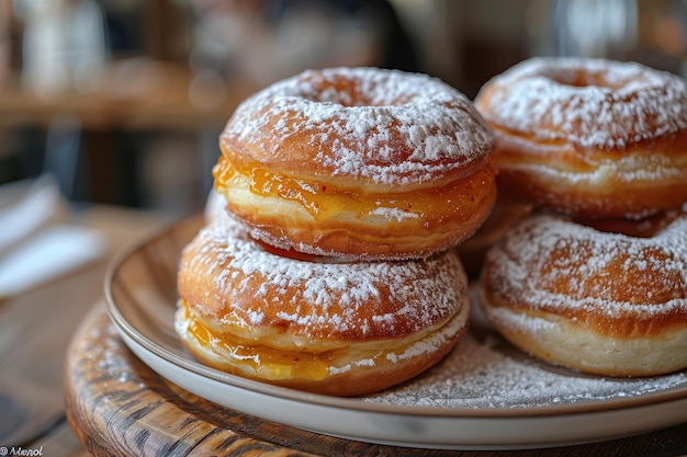 Photo poland paczki round deepfried doughnuts filled with jam or custard dusted with powdered sugar