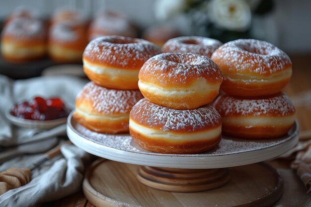 Photo poland paczki round deepfried doughnuts filled with jam or custard dusted with powdered sugar