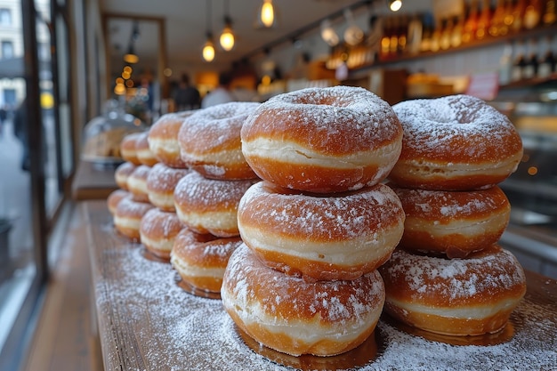 Photo poland paczki round deepfried doughnuts filled with jam or custard dusted with powdered sugar