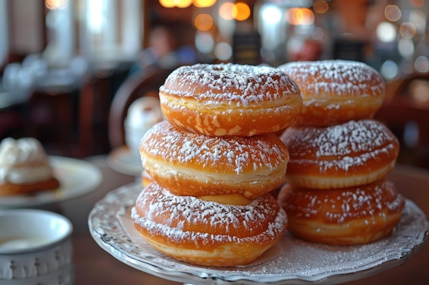 Photo poland paczki round deepfried doughnuts filled with jam or custard dusted with powdered sugar