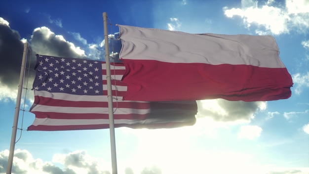 Poland and United States flag on flagpole Poland and USA waving flag in wind Poland and United States diplomatic concept 3d illustration