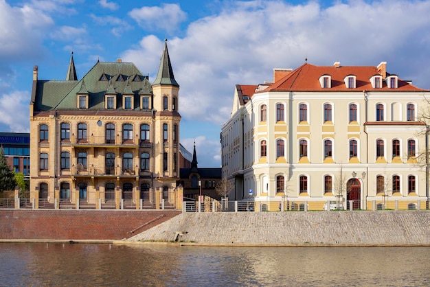 Poland Wroclaw April 16 2022 View to Odra River and Tumski Island Old Town of Wroclaw in Spring 2022