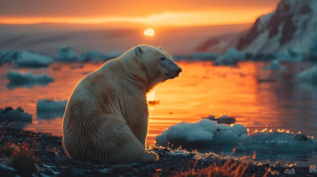 Photo polar bear in arctic sunset generative ai