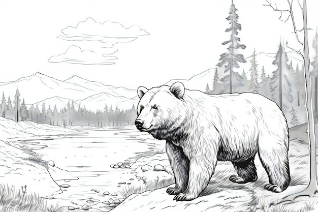 Polar bear on the bank of a mountain river Handdrawn illustration