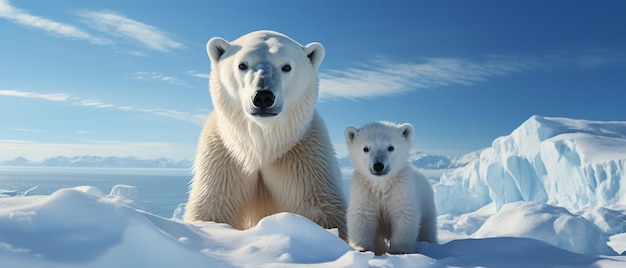 Polar bear and cub on ice floes in the Arctic