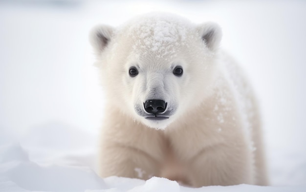 A polar bear cub in the snow with snow on its face.