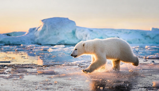 Polar bear cub white puppy running on ice surrounded by snow on a cold winter day