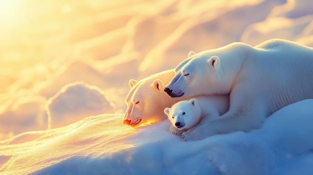 Photo polar bear family in golden sunset