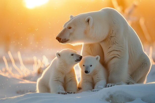 Photo polar bear family mother and baby together relax on snow