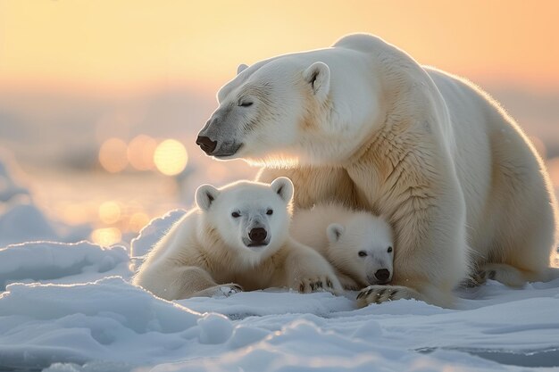 Photo polar bear family mother and baby together relax on snow