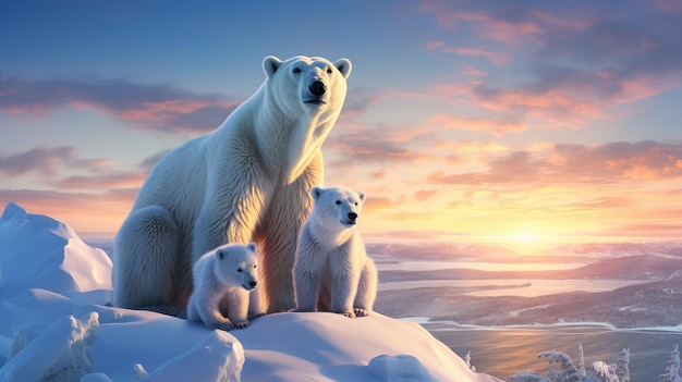 Polar bear family at the pole at sunset Generative AI