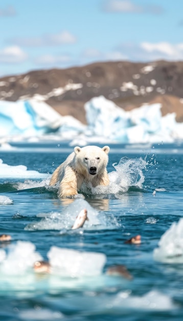 Photo polar bear hunting in icy waters near glaciers on a clear day in the arctic region